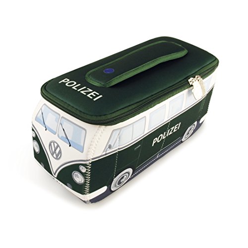 BRISA VW Collection - Volkswagen Furgoneta Hippie Bus T1 Van Bolsa Universal de Neopreno, Neceser, Bolso de Maquillaje-Cosméticos-Aseo, Estuche de lápices, Caja de Almuerzo, Equipaje (Policía/Verde)