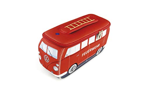 BRISA VW Collection Volkswagen VW T1 Bus Bolsa Universal de Neopreno, Estuche para lápices, Caja de papelería, Neceser, Bolso de Maquillaje-Cosméticos-Aseo para Escuela/Oficina/Regalo (Bomberos/Rojo)