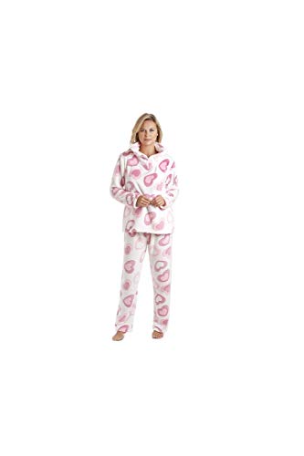 Camille Conjuntos de Pijama de Felpa Suave de Cuerpo Entero de Manga Larga para Mujer 38-40 Pink White Heart