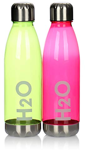 com-four® 2X Botella de Agua Hecha de plástico - Botella de Agua Ligera para Deportes, Escuela, Universidad y Ocio, con Tapa de Rosca y Fondo de Acero Inoxidable (Verde + Rosa)