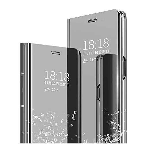 cookaR Clear View Standing Funda Redmi Note 9s/Note 9 Pro/Note 9 Pro MAX, Caja Duro [Soporte Plegable] Plating Espejo Maquillaje Caso Flip Cover Mirror Carcasa Case papr Redmi Note 9 Pro MAX, Negro