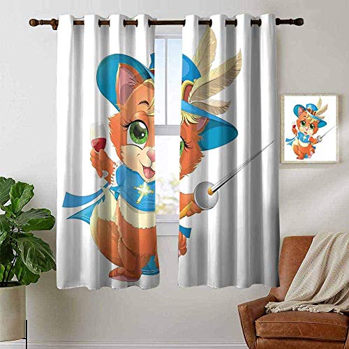 Cortinas para dormitorio gato, gatito mosquetero con copa de vino Caballero gato divertido arte de estilo de dibujos animados, azul, beige y naranja, oscurecimiento y cortinas aislantes térmicas