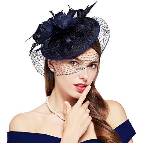 Coucoland - Sombrero de mujer con diseño de hojas de arce, malla para bodas, novia, elegante, fascinador, para cóctel, té, fiesta, mujer, disfraz, accesorios azul marino Talla única