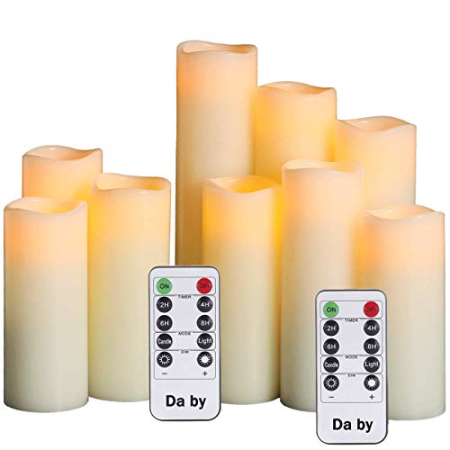 Da by Velas LED, Vela de la batería, Juego de 9 (1 - H 22cm, 1 - H20cm, 1 - H18cm, 2 - H16cm, 2 - H14cm, 2 - H13cm) Vela de Columna de Cera verdadera Marfil con Control Remoto Temporizador.