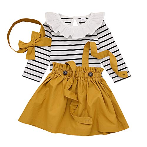 DaMohony Conjunto de ropa de bebé niña de manga larga a rayas con tirantes, falda, diadema, juego de 3 faldas para niña