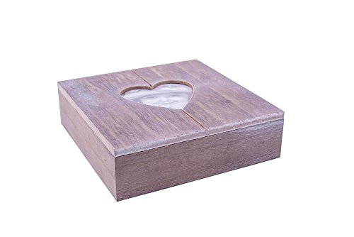 Danto® Rivanto - Caja de madera para regalos, con marco de fotos en forma de corazón, perfecta también como joyero con decoración de corazón, 20 x 20 x 6 cm