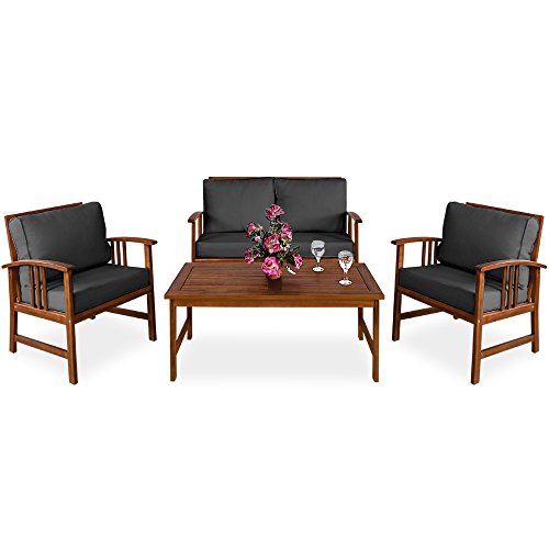 Deuba Conjunto de Muebles de Madera de Acacia Atlas con Cojines Color Antracita Set de 2 sillas 1 Banco 1 Mesa para jardín