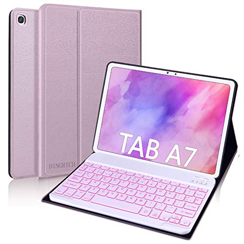 DINGRICH Funda Teclado para Samsung Galaxy Tab A7 10.4" 2020, Español Ñ Teclado 7 Color Retroiluminación Bluetooth Inalámbrico Extraíble para Samsung Galaxy Tab A7 SM-T500/T505/T507 2020 Oro Rosa