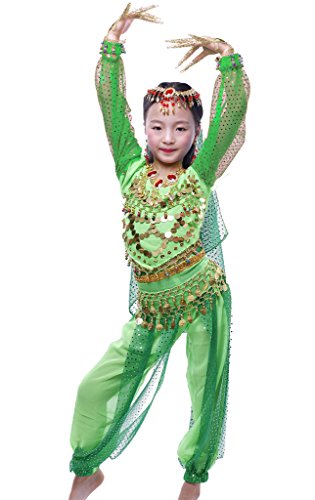 Disfraz para niña de bailarina de danza del vientre india de manga larga con todos los accesorios, Infantil, color verde, tamaño XL fits 10-12 years