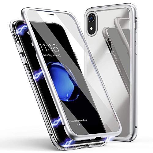 DoubTech Funda para iPhone XR Adsorcion Magnetica Carcasa Frente Atrás Vidrio Templado Fuerte Imanes Incorporado Marco Aluminio 360 Grados Proteccion Metal Flip Cover