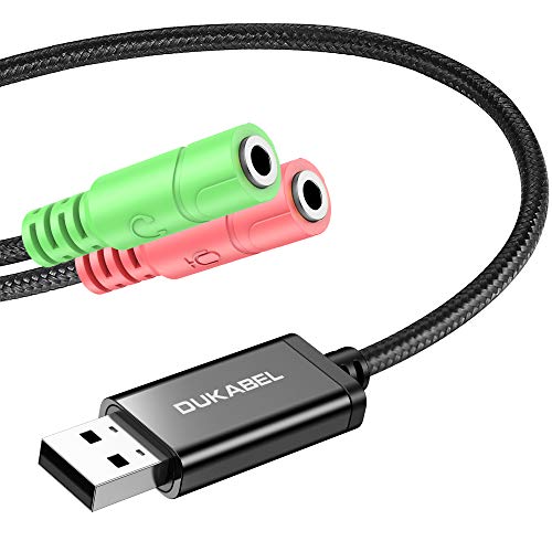 DuKabel Adaptador de tarjeta de sonido USB externo para computadora y PS4, cable convertidor de audio de 3,5 mm a 2 jack de 3,5 mm para auriculares, parlante y micrófono TRS de 3 polos - Negro