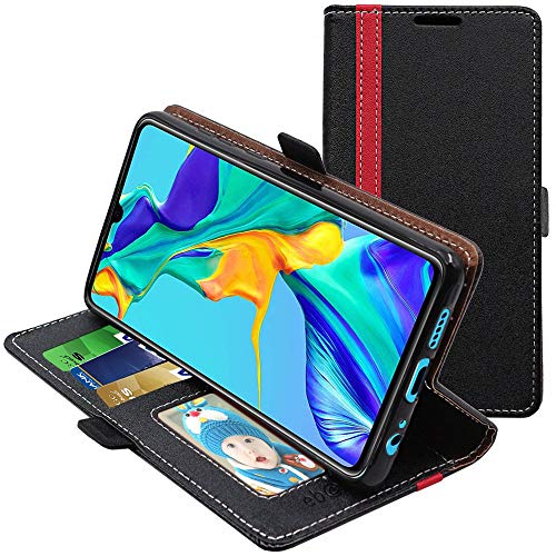 ebestStar - Funda Compatible con Huawei P30 Carcasa Cartera Cuero PU, Funda Libro Billetera Ranuras Tarjeta, Función Soporte, Negro/Rojo [P30: 149.1 x 71.4 x 7.6mm, 6.1'']