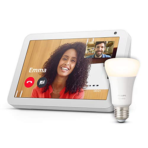 Echo Show 8, Tela de color gris claro + Philips Hue Bombilla Inteligente (E27), compatible con Alexa