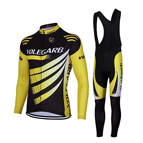 Feilaxleer Ropa Ciclismo Otoño/Invierno/Primavera para Hombre y Mujer - Ciclismo Maillot MTB de Manga Larga y Culotte Pantalones Acolchado 3D (Amarillo,L)