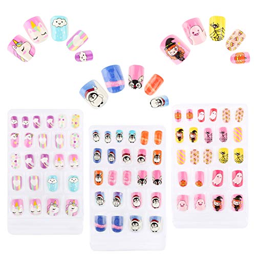 FLOFIA 72pcs Uñas Postizas Navidad para Niña Autoadherentes Múltiples Patrones Puntas Uñas Pintadas Cortas Acrílicas Kit Uñas Falsas, 3 Estilos