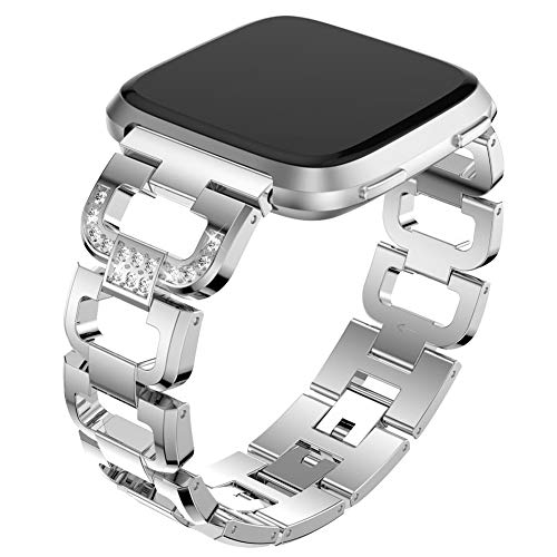 FunBand Correa para Fitbit Versa/Versa 2/Versa Lite para Mujeres, Reloj Reemplazo de Banda Acero Inoxidable Metal Bling con Diamantes para Fitbit Versa/Versa 2/Versa Lite (Plata)