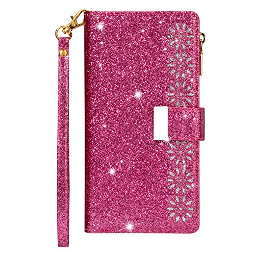 Funda para Samsung A20e, con cremallera, de piel sintética, con 9 ranuras para tarjetas, función atril, color rosa