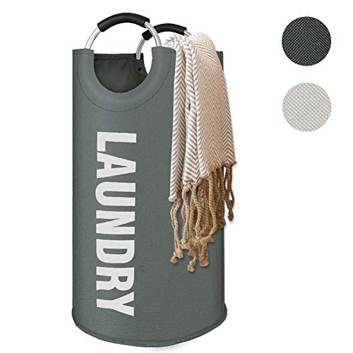 GoMaihe 82L Cesto Ropa Sucia, de Ropa Bin Bolsas Cestos para la Colada con Manija de aleación, Bolsa Ropa Sucia Cubo de Almacenamiento de Cesta Lavandería Redonda Plegable Ropa Familia, Gris