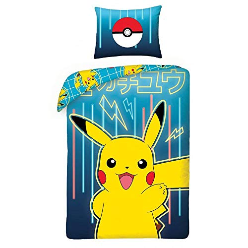 Halantex Juego de Cama Pokemon Picachu Amarillo Azúl. Un Conjunto de Ropa de Cama Funda nórdica 140x200 cm más Funda de Almohada. 100% Algodón, Oeko-Tex.