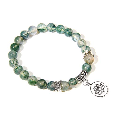 Hecho A Mano Piedra Natural Verde Moss Ágata Cuentas Banda Elástica Pulsera Lotus Colgante Pulseras De Moda para Mujeres Hombres Yoga Joyería Regalos