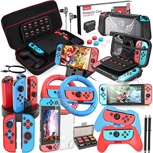 HEYSTOP 24 in 1 Accesorios para Nintendo Switch, Funda para Nintendo Switch+Carcasa TPU+Joy-Con Mandos+Protector Pantalla+Soporte regulable+Cable USB+Base Cargador+Funda Comfort Grip+Pulgar Grips etc.