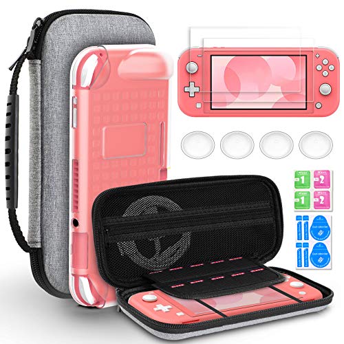 Hianjoo Funda Compatible con Switch Lite, 8 en 1 Estuche kit de Accesorios, 2 Protectores de Pantalla de Vidrio Templado, 4 Tapas de Agarre para el Pulgar, Cubierta Trasera Blanca