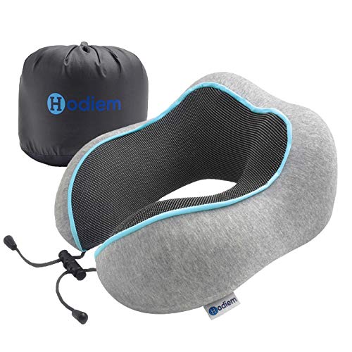 Hodiem® Almohada Viaje Viscoelastica Cervical Reposacabezas Coche Cojin Cervical Viaje, Travel Pillow Neck Support, Accesorios Coche con Bolsa Viaje, Collarin Viaje Almohada Avion (Gris - Azul)