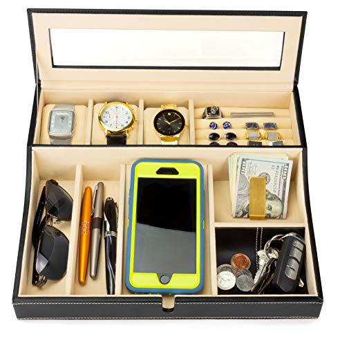 HOUNDSBAY Navigator Big Dresser Bandeja Valet para Hombres con Caja de Reloj Organizador de Joyería y Estación de Carga de Smartphone