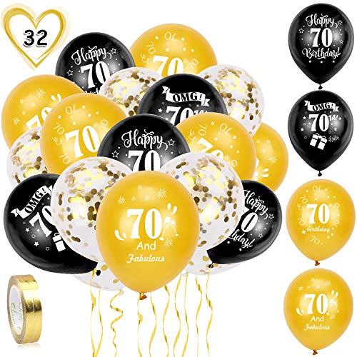 HOWAF Globos de cumpleaños, 30 Piezas 70 años cumpleaños Globos de Latex, Negro y Oro Globos de Confeti y 2 Cintas para Hombres y Mujeres Fiestas de 70 cumpleaños decoración Suministros