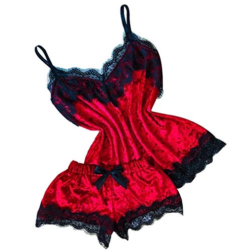 IFOUNDYOU Damen Mujer Sexy Conjunto Poliéster Spandex Talla Grande Delgado Apretado Elegante Velvet Cordón Sedoso Erotica Interesante Rojo Mujer Ropa Interior