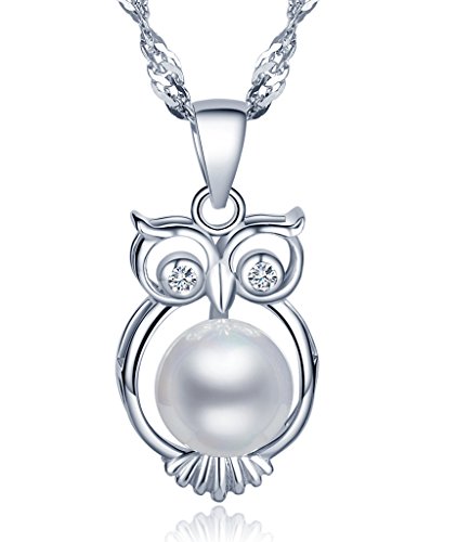 Infinite U - Collar con colgante para mujer, plata de ley 925, diseño de búho con perla de 8 mm, cadena de 45 cm