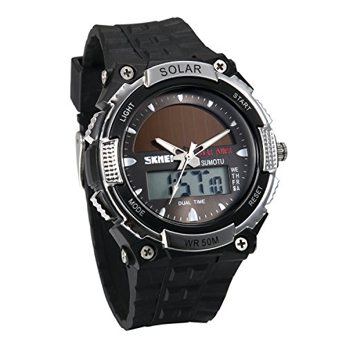 JewelryWe Reloj Deportivo Energía Solar Reloj de Hombre Digital para Aire Libre A Prueba de Agua 5 ATM, Tiempo Dual Reloj Digital Analógico con Luz del Fondo, Plateado