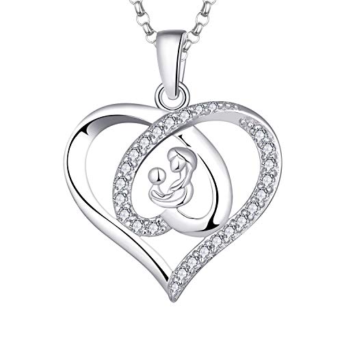 JO WISDOM Collar Corazón de Plata de ley 925 Mujer,Colgante Madre Hija Niño Padre Amor Corazón Familia Mamá Joyería