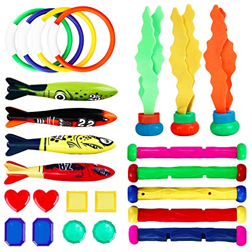 joylink Juguetes de Buceo, Juguete de Natación 24pcs Buceo Conjuntos de Juegos Anillos de Buceo Torpedos Bandidos Palos de Buceo Juguetes para Piscina Natación Subacuática Verano Juegos para niño