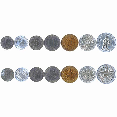 Juego de 7 Monedas de Austria. 1, 2, 5, 10, 20, 50 Groschen, 1 Chelín. 1946-1992