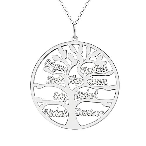 Junmei Collar con Nombre de árbol Familiar Grabado Collar Personalizado de hasta 9 Nombres Collar con círculo de árbol de la Vida en Plata esterlina/Oro/Oro Rosa