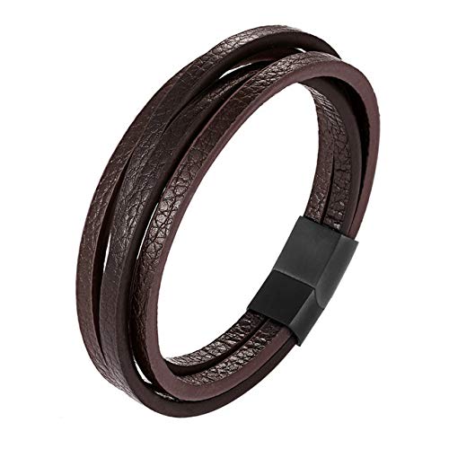 JUNXI Pulsera y Brazalete de Cuero Genuino Trenzado Hecho a Mano de múltiples Capas para Hombres Brazaletes de Moda de Acero Inoxidable Regalos