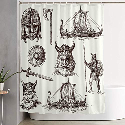 KGSPK Cortinas de Ducha,Figuras de Guerra Antiguas Espada Escudo y Guerreros Máscara Cabeza de dragón Barco Medieval,Cortina de baño Decorativa para baño,bañera 180 x 180 cm