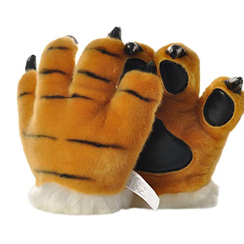 LANFIRE Guantes de mano de garra de pata animal Fluffy Artifical Guantes de pata de tigre Garra de leopardo dinosaurio garra oso garra Guantes Disfraz de fiesta para niños y adultos. (Yellow(tiger))