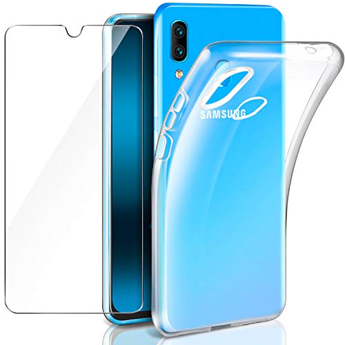 Leathlux Samsung Galaxy A40 Funda + Cristal Protector de Pantalla, Transparente TPU Silicona [Funda + Vidrio Templado] Ultra Fino Protector de Pantalla 9H Dureza HD Carcasas Samsung Galaxy A40