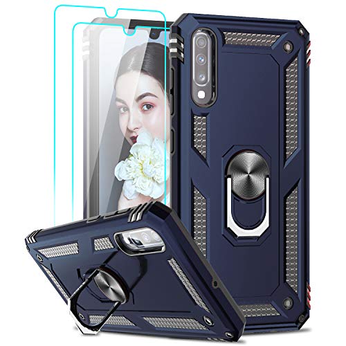 LeYi Funda Samsung Galaxy A70 con [2-Unidades] Cristal Vidrio Templado,Armor Carcasa con 360 Grados Anillo iman Soporte Hard PC y Silicona TPU Bumper Antigolpes Case para Movil A70,Azul