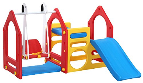 LittleTom Casa de Juegos para niños y niñas de 1 a 6 años con Tobogán + Columpio + Paneles de Escalada 155x135cm para Interior y jardín Rojo Azul Amarillo