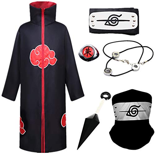 LOBTY Naruto Akatsuki/Uchiha Itachi Traje de Cosplay Víspera de Todos los Santos Navidad Partido Disfraz Naruto Capa Costume Pain Headband Anillo Máscara Shuriken Masculino Hembra Niño Armas Set