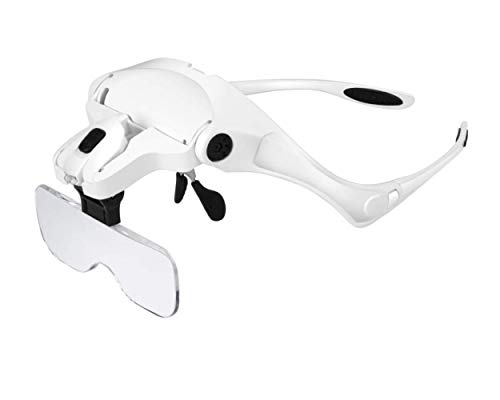 Locisne LED iluminado manos libres visor de lupa principal,(1.0X-3.5X) 5 lentes reemplazables Reparación de lentes aumento de auriculares para leer, lupa de joyas, reparación de relojes electrónicos