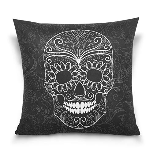 lucies Throw Pillow Cover Funda de cojín Decorativa Funda de Almohada Cuadrada, Black Floral Sugar Skull Day of The Dead Funda de Almohada para sofá Cama (18 x 18 Pulgadas) Lados Dobles