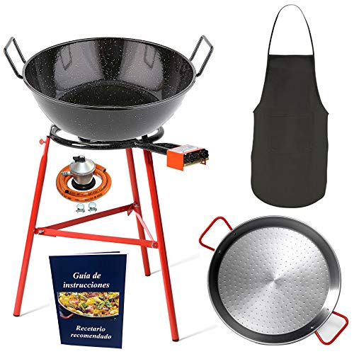 Makumba Kit Paellero Gas butano 40 cm, paellera de 46 cm + sartén honda de 45 cm, regulador de Gas + Manguera, Juego de 3 Patas reforzadas, Mandil de Cocina, guía de Instrucciones y Recetas.