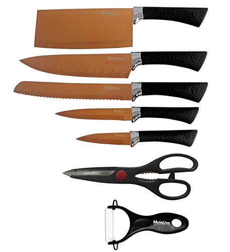 MAXELLPOWER Set DE 5 Cuchillos Tijeras PELADOR Copper Stone Juego ESMALTADOS Acero Garantia (Copper Knifes)