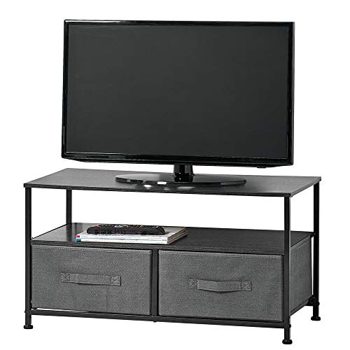 mDesign Mueble de TV con cajas organizadoras – Mesa para televisión estrecha con balda y 2 cestas de tela – Moderno mueble de salón para tele, reproductor de DVD y videoconsola – gris y negro