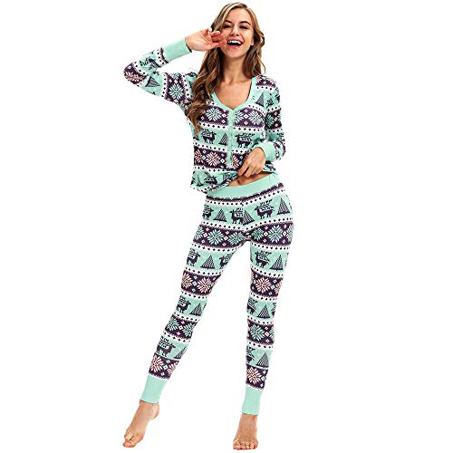 MEIbax Casual Moda Pijamas de O Cuello de Moda Elk y Arbol de Navidad Estampado Manga Larga de Navidad de Alces de Copo de Nieve 2PC para Mujer Conjunto Top Blusa y Pantalones (L, Menta Verde)