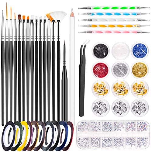 MELLIEX 45 Piezas Kit de Accesorios Decoración Uñas Nail Art, con Pinceles para Uñas Diamantes Purpurina Polvo Lámina Flake Cintas Adhesivas Uñas Lápiz de Punto Kit de Herramientas de Manicura de Uñas